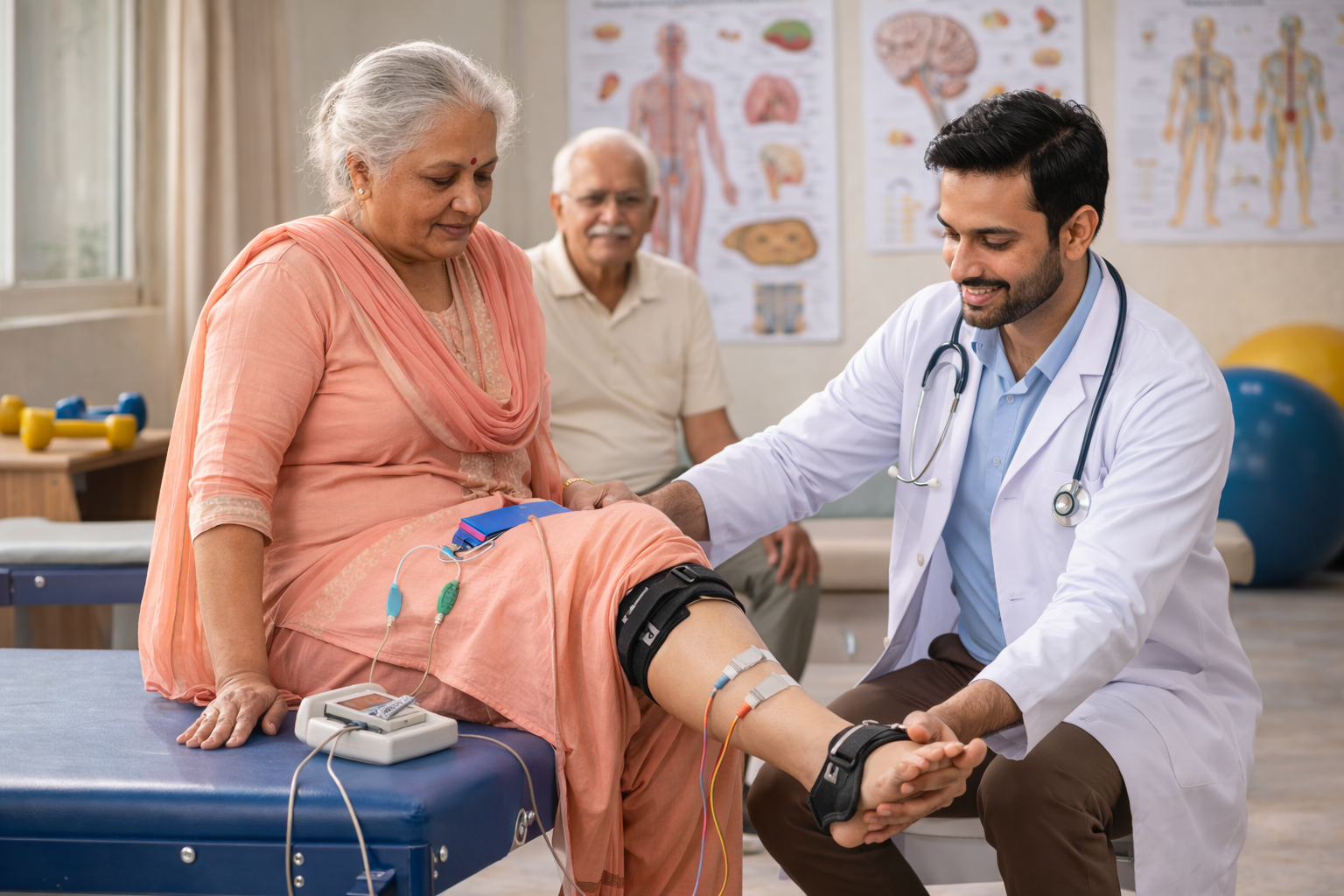 Therapist assisting a patient with neurological rehabilitation exercises.